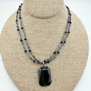 Vintage Black Onyx & Beaded Necklace Onyx Pendant Retro Regency Art Deco Gatsby